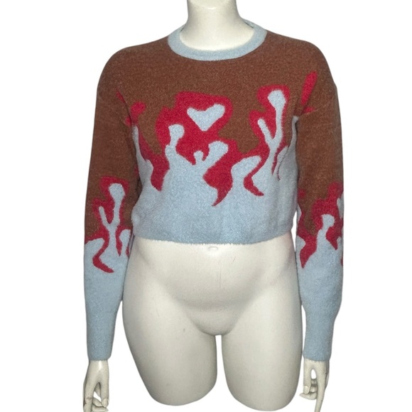 Adele B. Women's Flame Crop Sweater Size Large Fuzzy Blue Red Brown - Picture 2 of 16